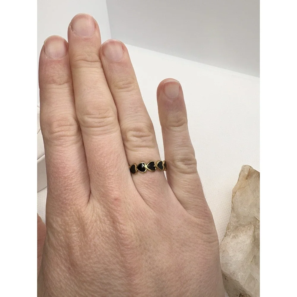 18K Gold‎ Plated Heart Enamel Band Ring Size 7 Open Adjustable Black Hearts Cute